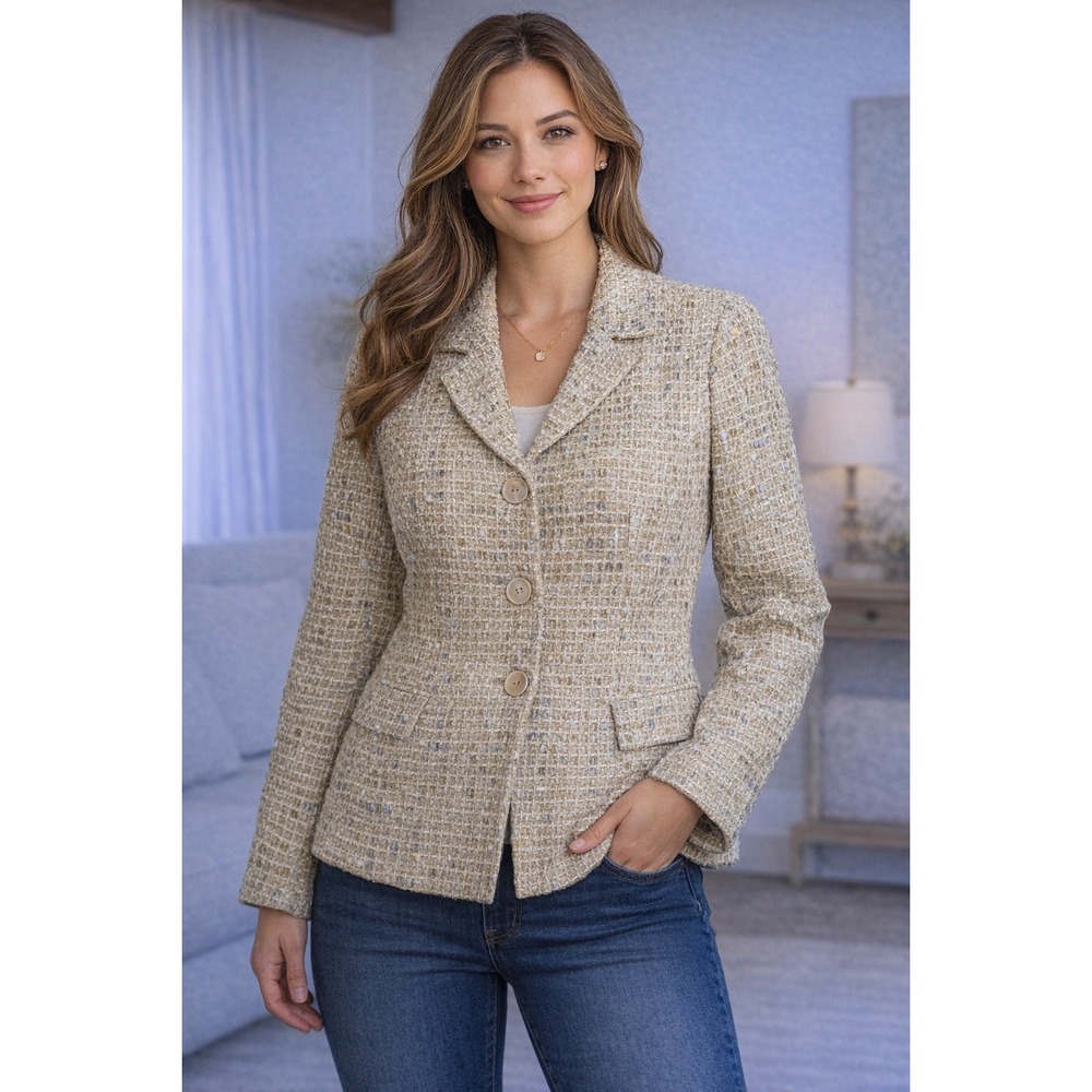 Le Suit Petite Gold Metallic Tweed Blazer Jacket Beige 10P Professional Career